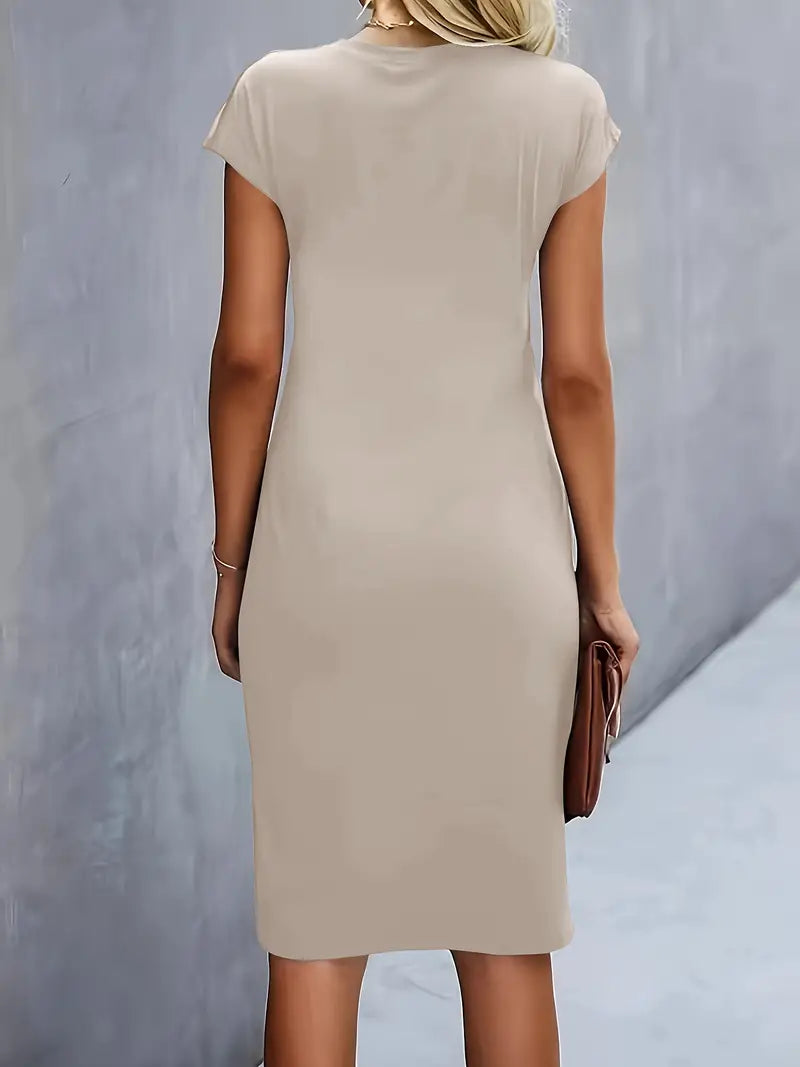 Women¡¯s Ruched Midi Dress with Cap Sleeves and Bodycon Sheath Fit