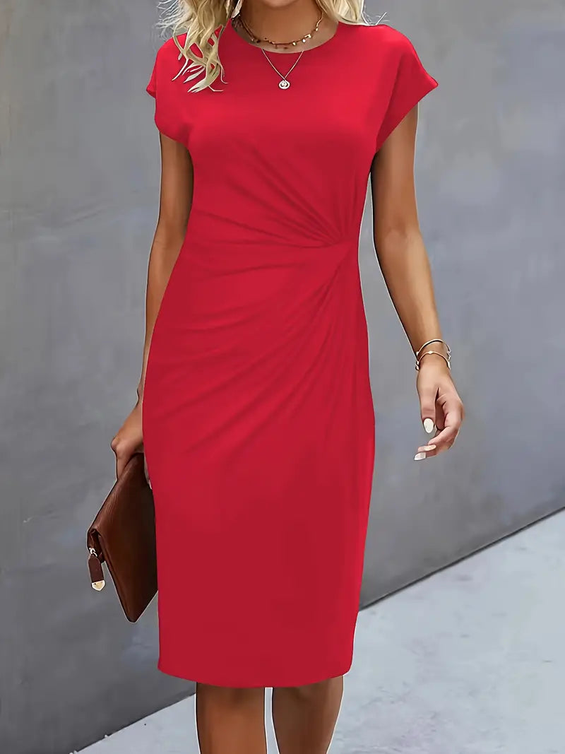 Women¡¯s Ruched Midi Dress with Cap Sleeves and Bodycon Sheath Fit