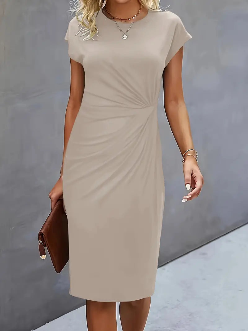 Women¡¯s Ruched Midi Dress with Cap Sleeves and Bodycon Sheath Fit