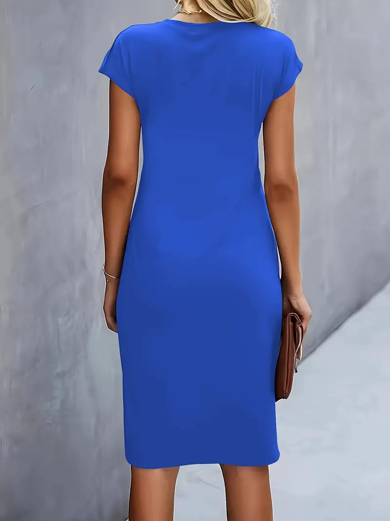 Women¡¯s Ruched Midi Dress with Cap Sleeves and Bodycon Sheath Fit