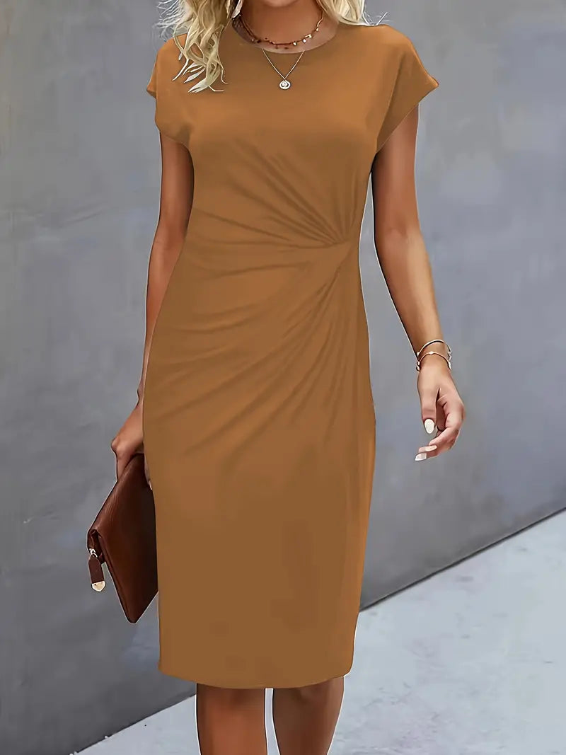 Women¡¯s Ruched Midi Dress with Cap Sleeves and Bodycon Sheath Fit