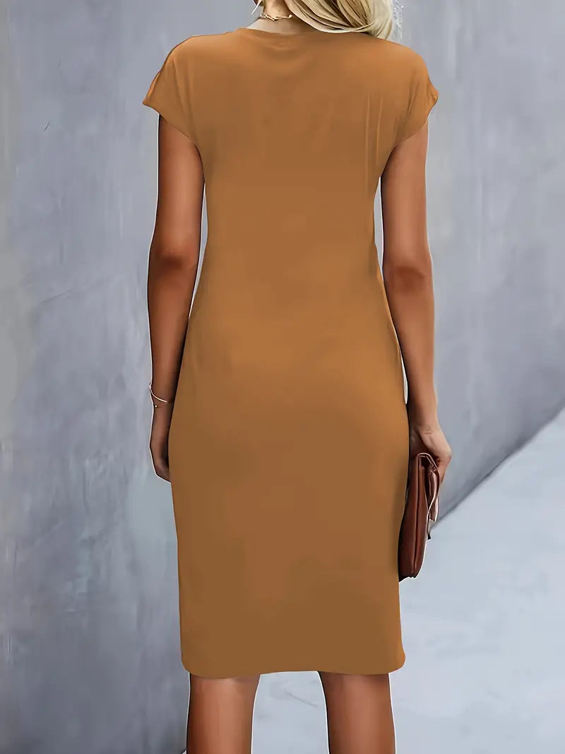 Women¡¯s Ruched Midi Dress with Cap Sleeves and Bodycon Sheath Fit