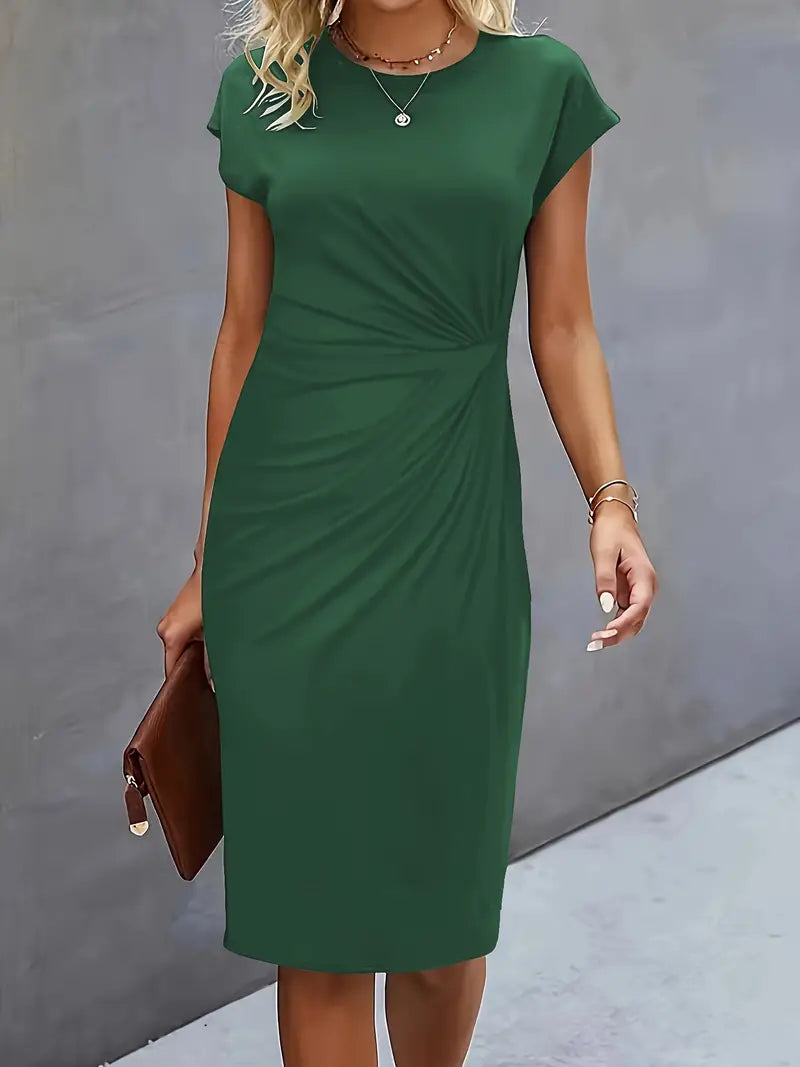Women¡¯s Ruched Midi Dress with Cap Sleeves and Bodycon Sheath Fit