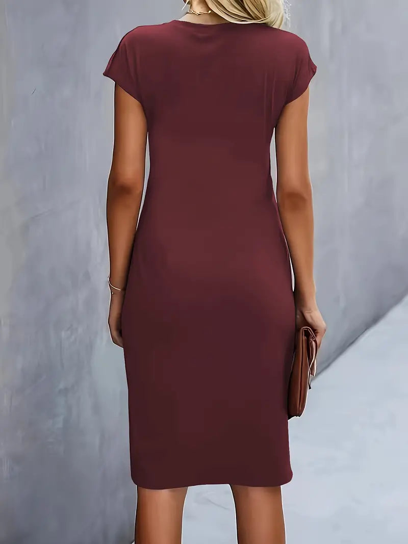 Women¡¯s Ruched Midi Dress with Cap Sleeves and Bodycon Sheath Fit