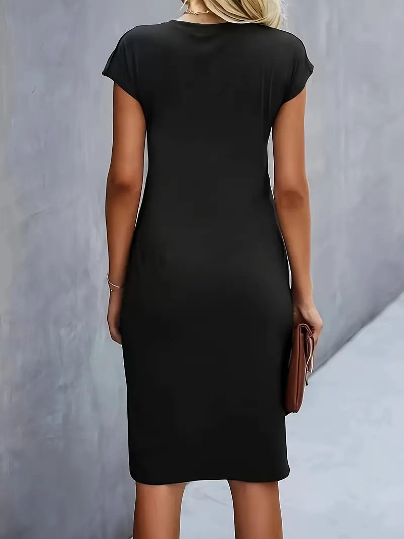 Women¡¯s Ruched Midi Dress with Cap Sleeves and Bodycon Sheath Fit