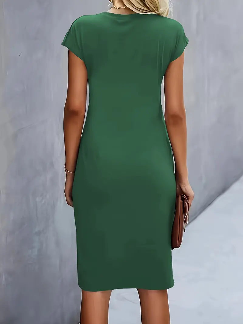 Women¡¯s Ruched Midi Dress with Cap Sleeves and Bodycon Sheath Fit