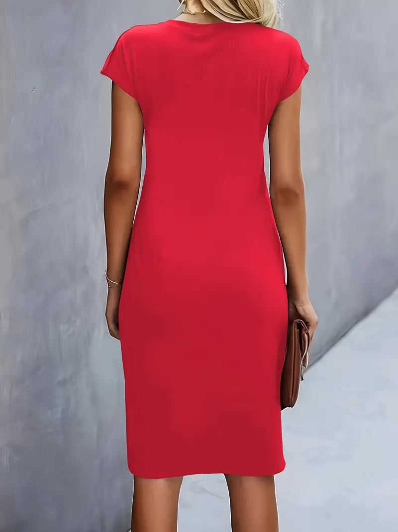 Women¡¯s Ruched Midi Dress with Cap Sleeves and Bodycon Sheath Fit