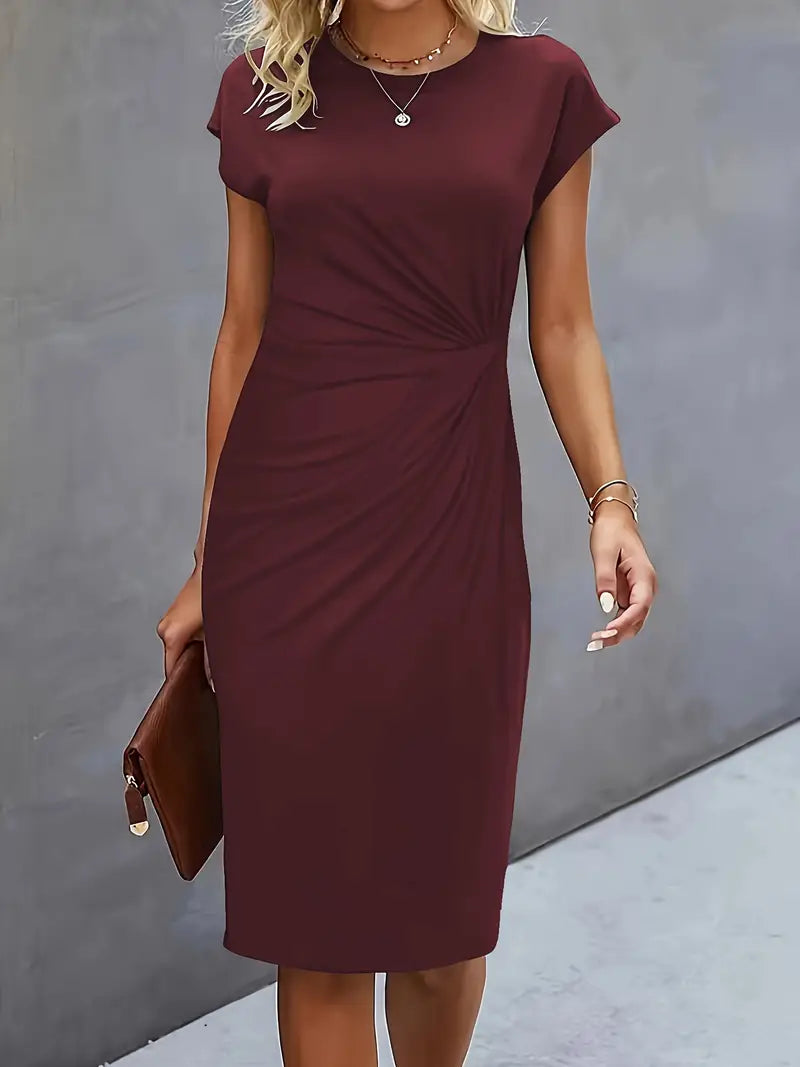 Women¡¯s Ruched Midi Dress with Cap Sleeves and Bodycon Sheath Fit