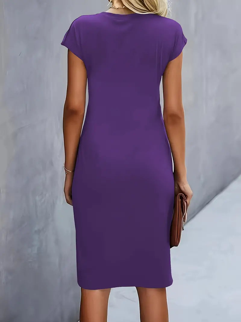 Women¡¯s Ruched Midi Dress with Cap Sleeves and Bodycon Sheath Fit