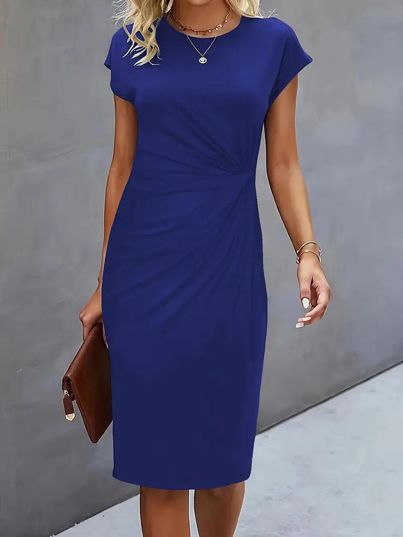 Women¡¯s Ruched Midi Dress with Cap Sleeves and Bodycon Sheath Fit