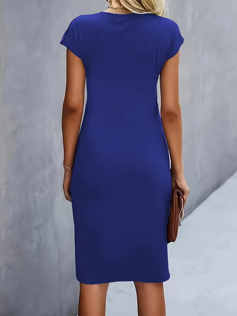 Women¡¯s Ruched Midi Dress with Cap Sleeves and Bodycon Sheath Fit