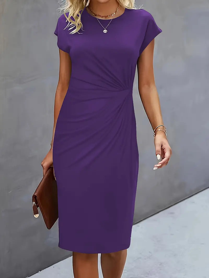 Women¡¯s Ruched Midi Dress with Cap Sleeves and Bodycon Sheath Fit