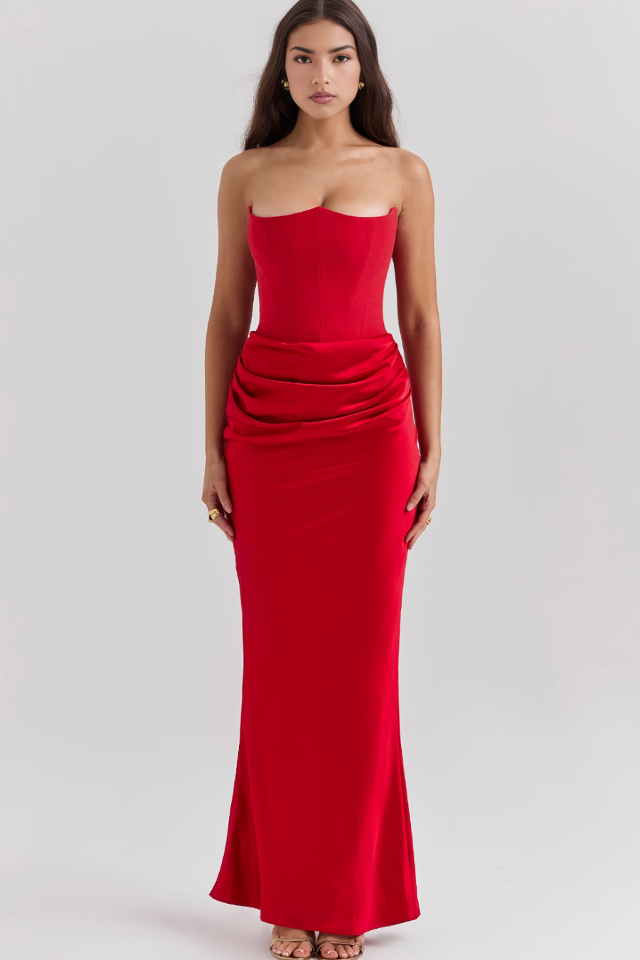 Women’s Strapless Maxi Dress Corset Bodice Draped Hip Wedding Guest Gown