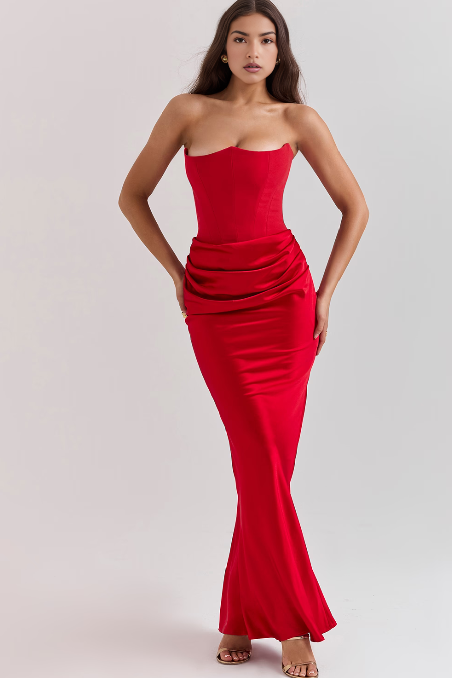 Women’s Strapless Maxi Dress Corset Bodice Draped Hip Wedding Guest Gown