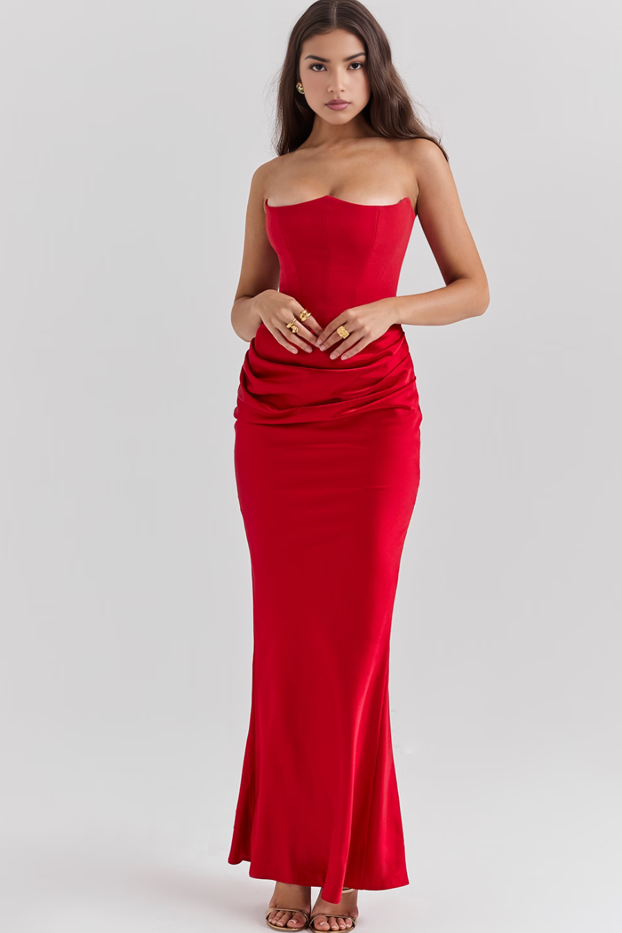 Women’s Strapless Maxi Dress Corset Bodice Draped Hip Wedding Guest Gown