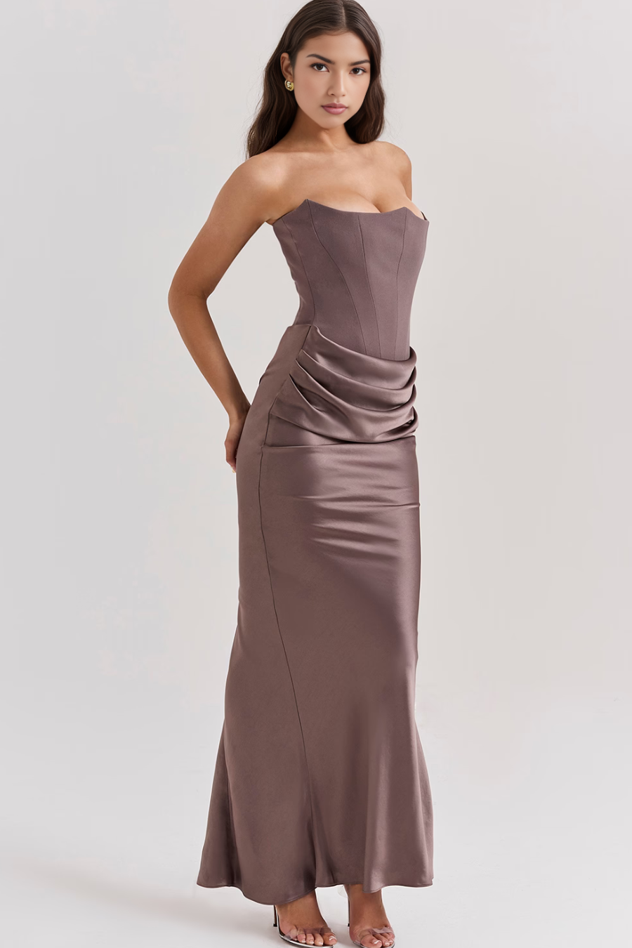 Women’s Strapless Maxi Dress Corset Bodice Draped Hip Wedding Guest Gown