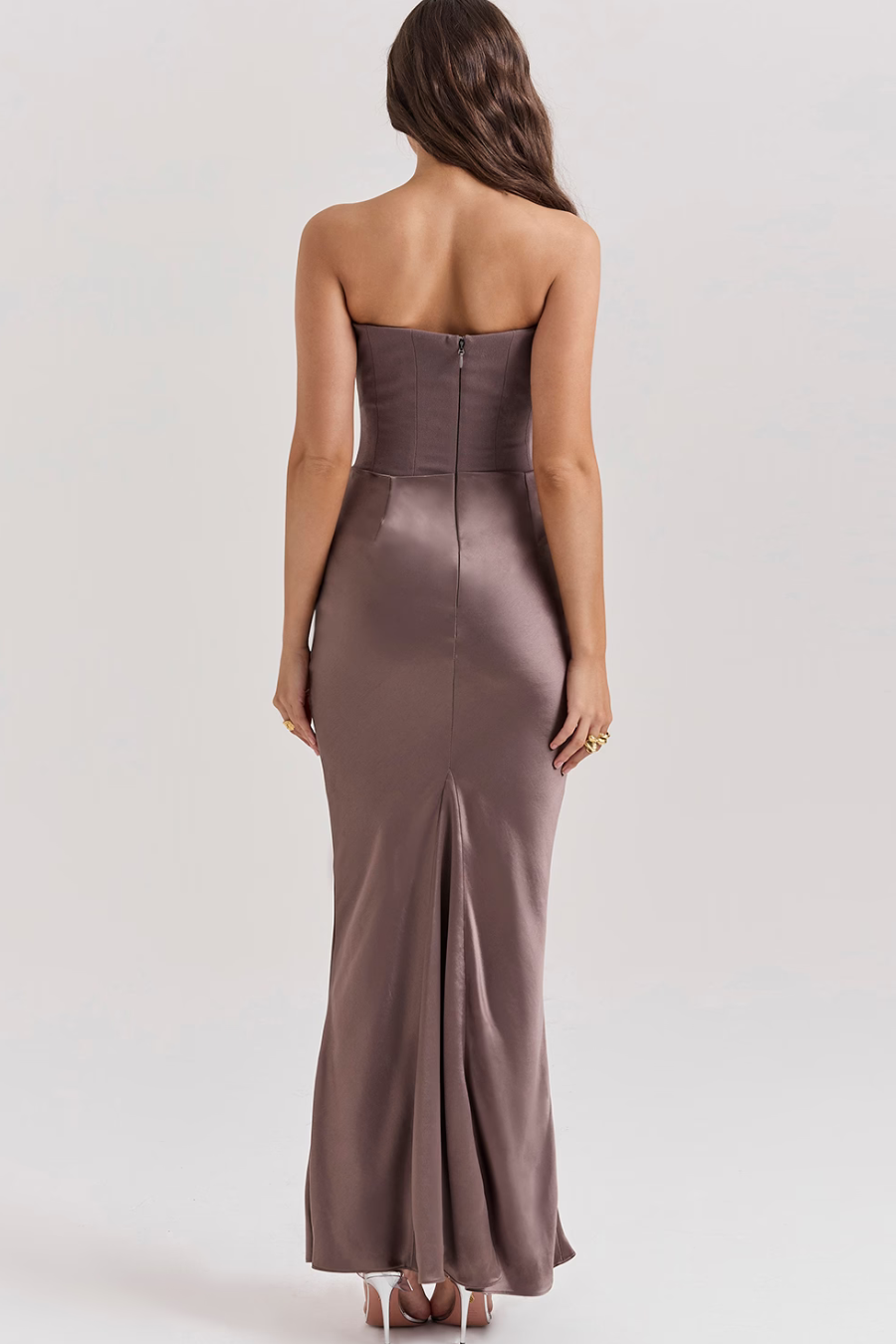 Women’s Strapless Maxi Dress Corset Bodice Draped Hip Wedding Guest Gown