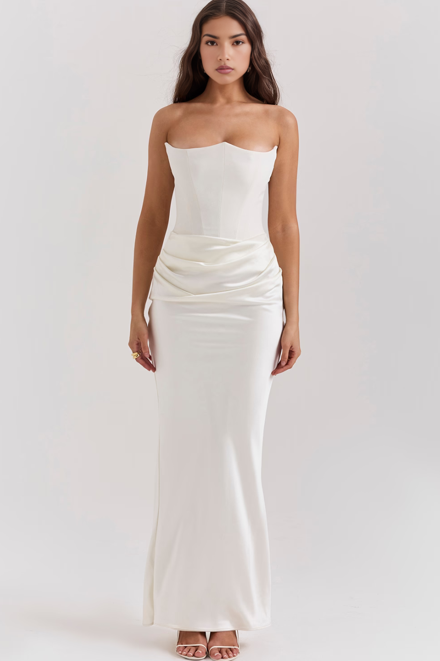Women’s Strapless Maxi Dress Corset Bodice Draped Hip Wedding Guest Gown