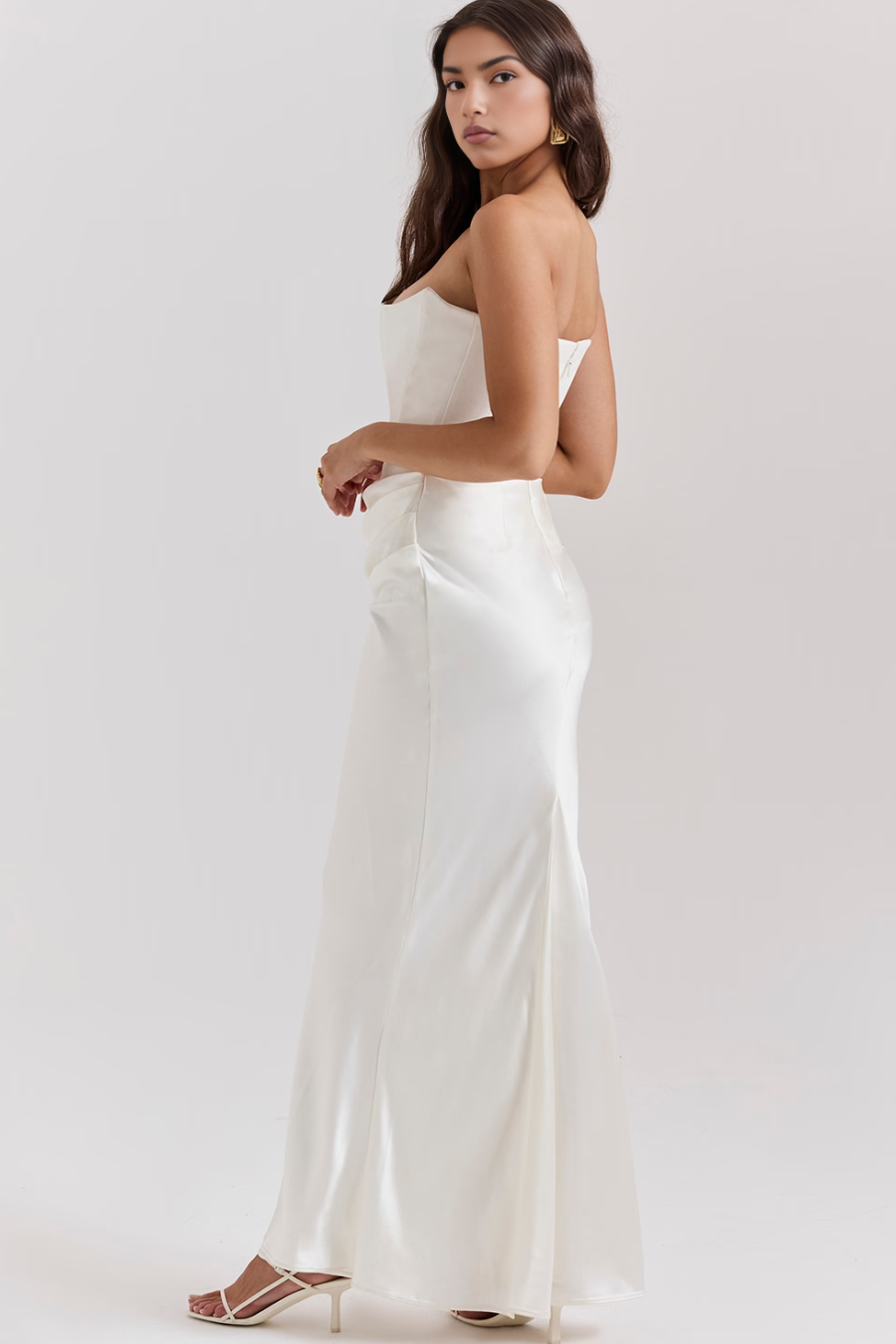 Women’s Strapless Maxi Dress Corset Bodice Draped Hip Wedding Guest Gown