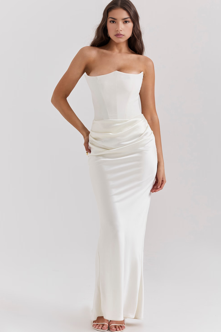Women’s Strapless Maxi Dress Corset Bodice Draped Hip Wedding Guest Gown