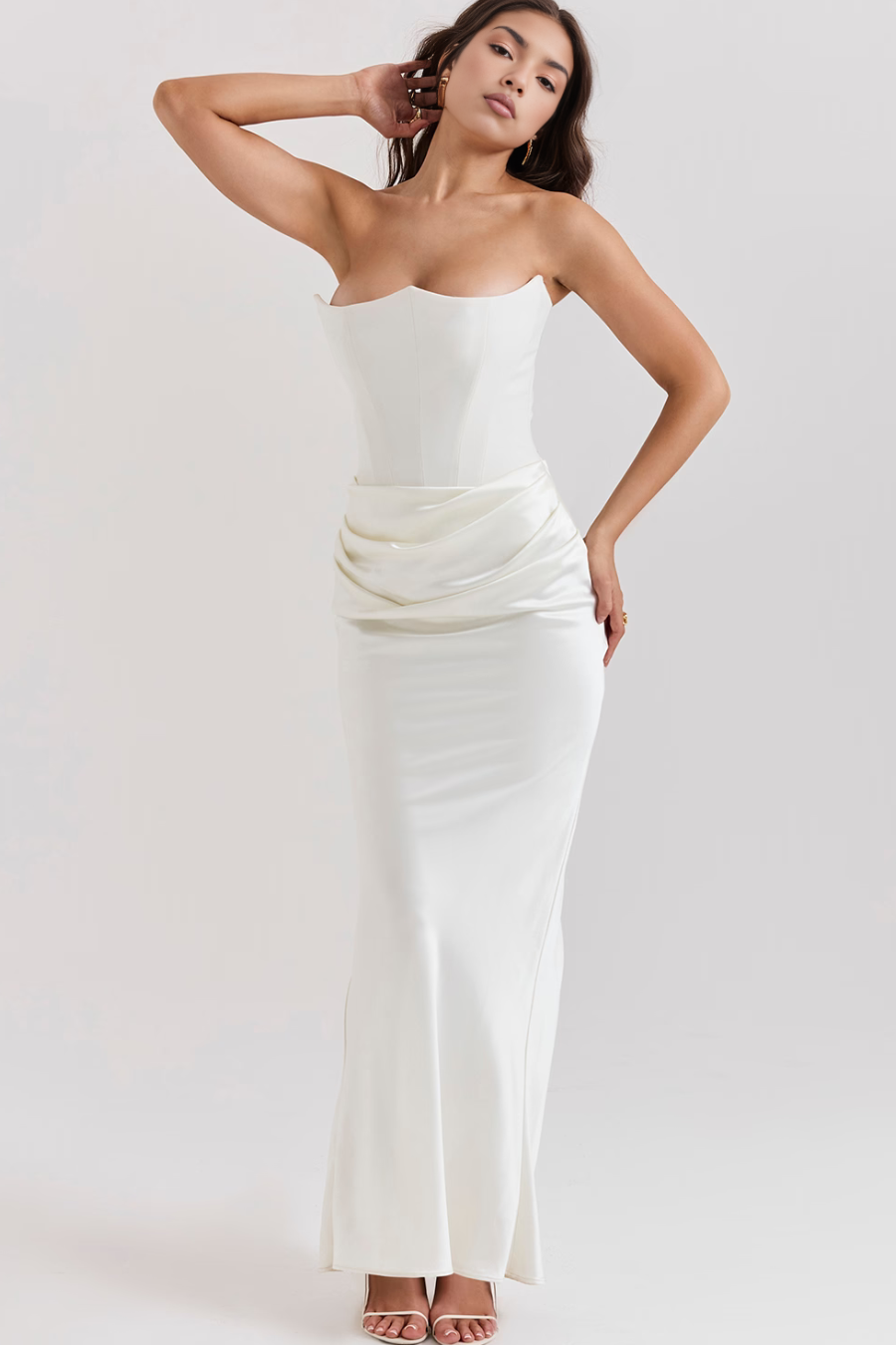 Women’s Strapless Maxi Dress Corset Bodice Draped Hip Wedding Guest Gown
