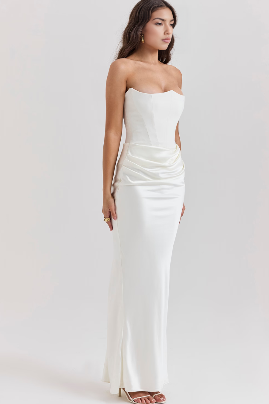 Women’s Strapless Maxi Dress Corset Bodice Draped Hip Wedding Guest Gown