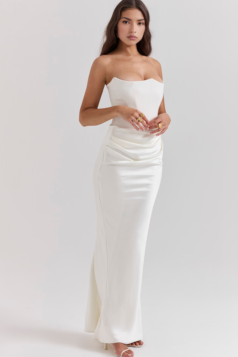 Women’s Strapless Maxi Dress Corset Bodice Draped Hip Wedding Guest Gown