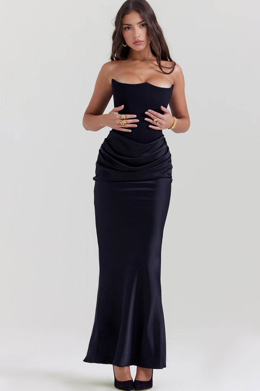 Women’s Strapless Maxi Dress Corset Bodice Draped Hip Wedding Guest Gown