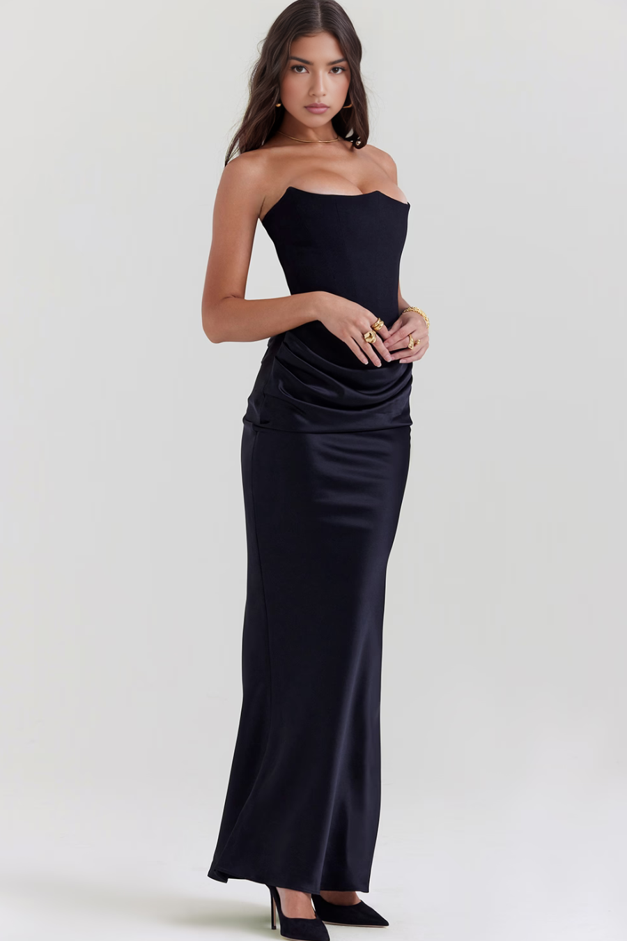 Women’s Strapless Maxi Dress Corset Bodice Draped Hip Wedding Guest Gown