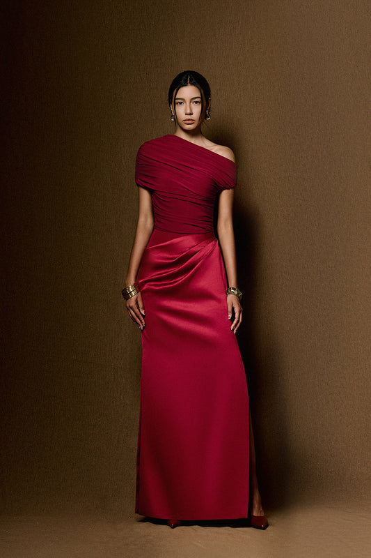 Women's Asymmetric Neck Ruched Maxi Dress Draped Evening Gown