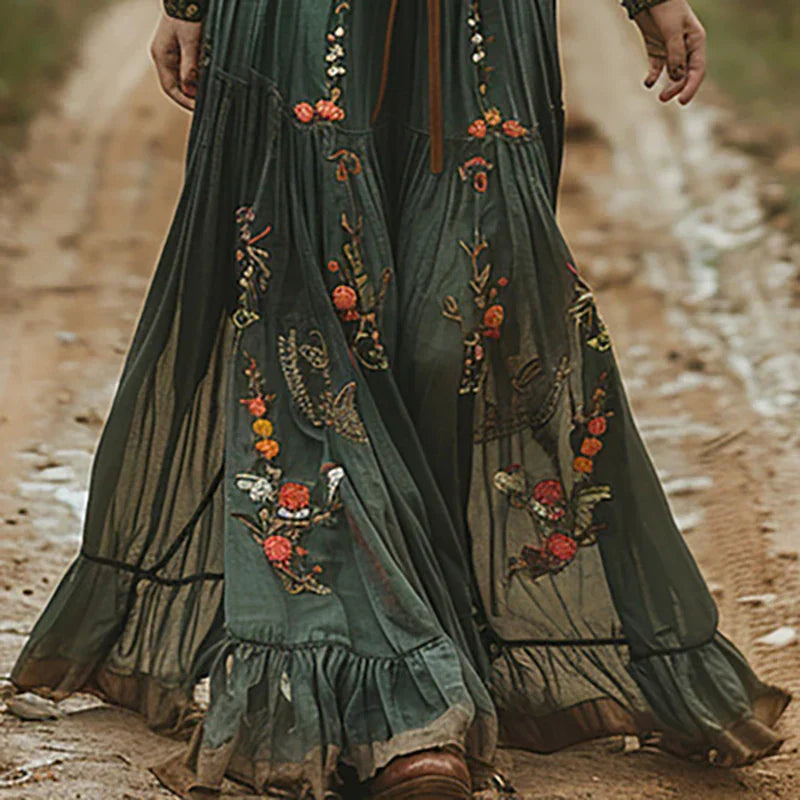 Women’s Embroidered Maxi Dress with Long Lantern Sleeves and Tiered Ruffle Hem