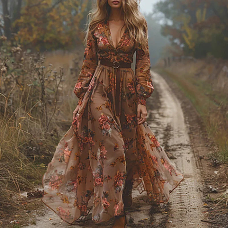 Women’s Embroidered Maxi Dress with Long Lantern Sleeves and Tiered Ruffle Hem