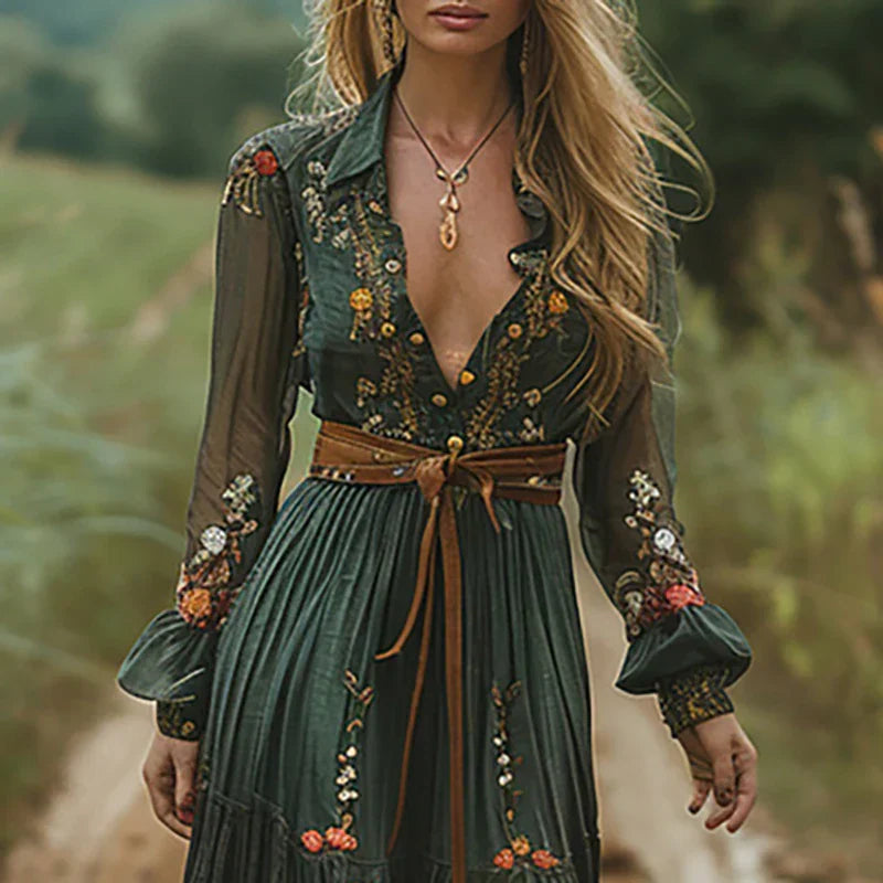 Women’s Embroidered Maxi Dress with Long Lantern Sleeves and Tiered Ruffle Hem