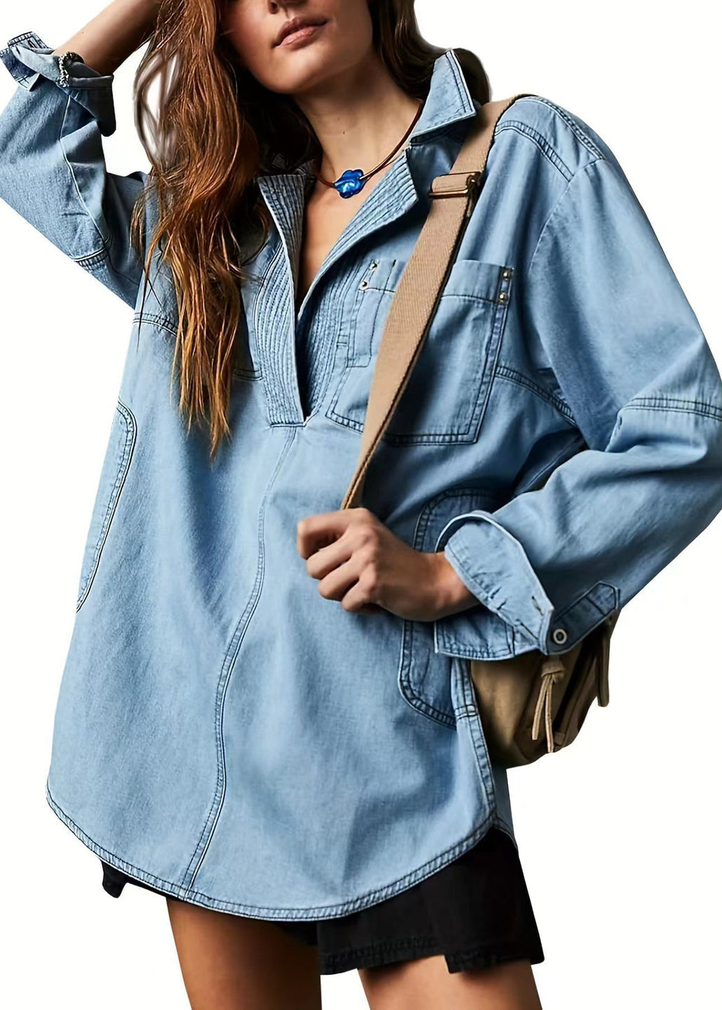 Ceylan Women’s Denim Pullover Blouse Pleated V-Neck Tunic