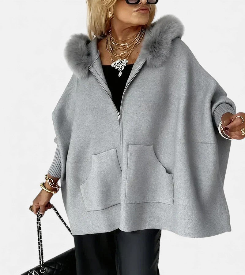 Women's Hooded Cape With Faux-Fur Trim And Front Zip