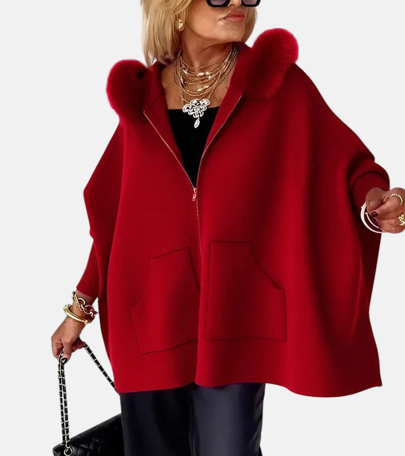 Women's Hooded Cape With Faux-Fur Trim And Front Zip