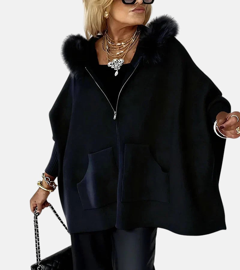Women's Hooded Cape With Faux-Fur Trim And Front Zip