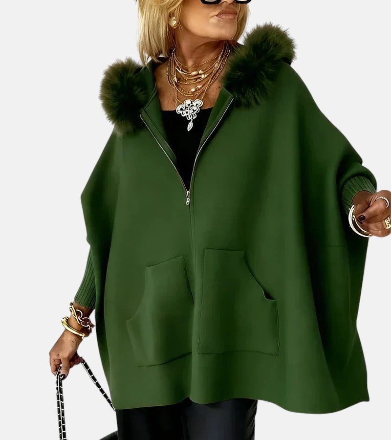 Women's Hooded Cape With Faux-Fur Trim And Front Zip