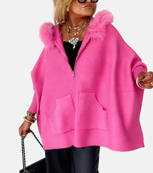 Women's Hooded Cape With Faux-Fur Trim And Front Zip