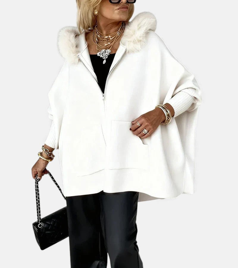 Women's Hooded Cape With Faux-Fur Trim And Front Zip