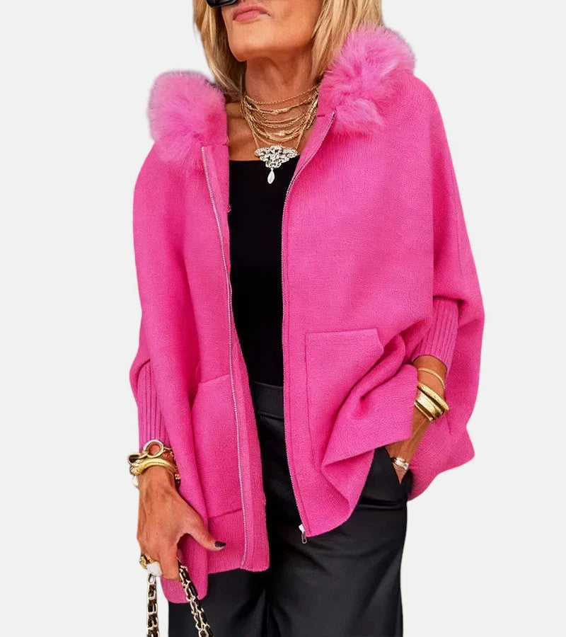 Women's Hooded Cape With Faux-Fur Trim And Front Zip