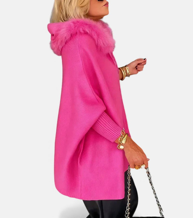 Women's Hooded Cape With Faux-Fur Trim And Front Zip