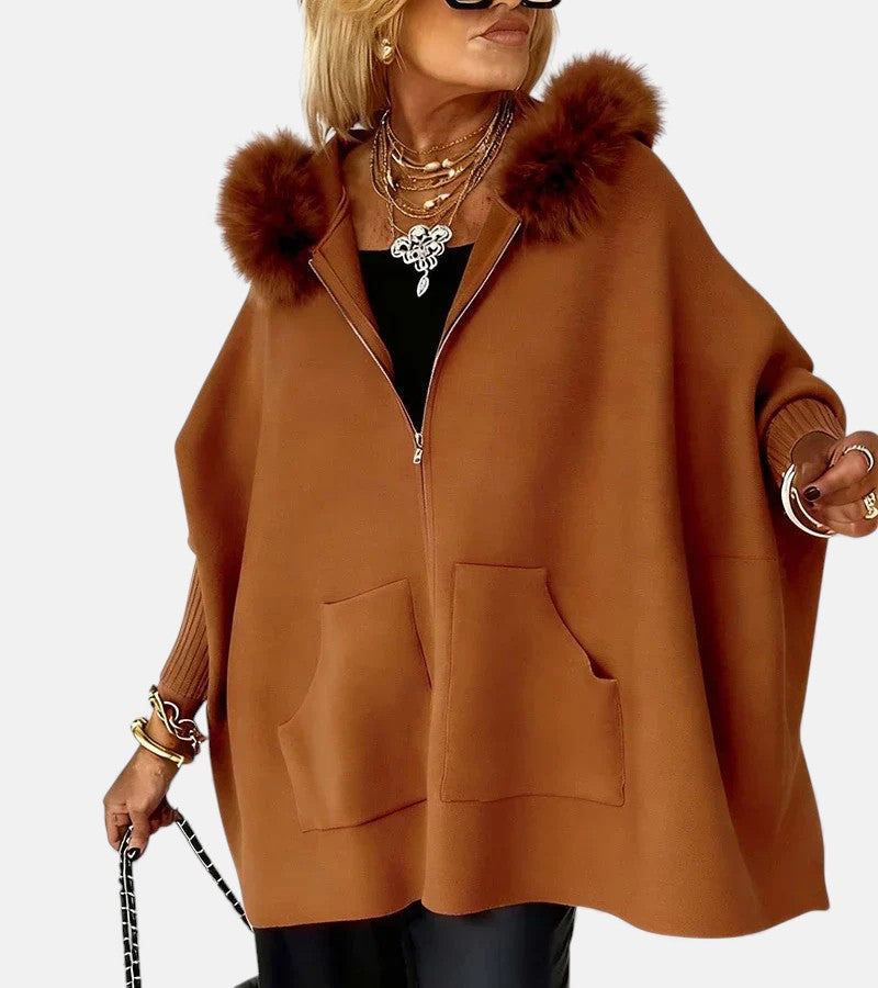 Women's Hooded Cape With Faux-Fur Trim And Front Zip