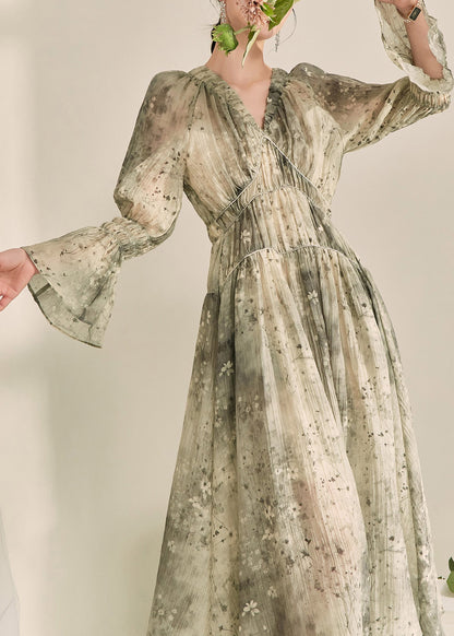 Women's Green Ruffled Chiffon Maxi Dress with Lantern Sleeves for Boho Elegance