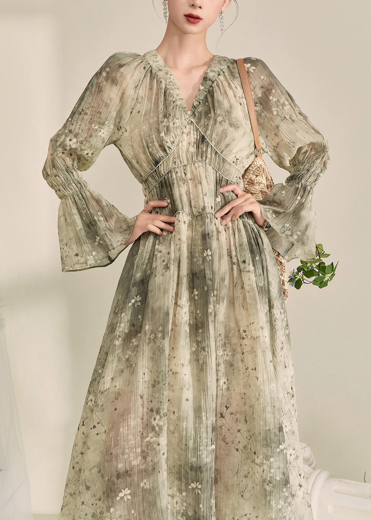 Women's Green Ruffled Chiffon Maxi Dress with Lantern Sleeves for Boho Elegance