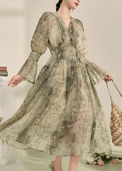 Women's Green Ruffled Chiffon Maxi Dress with Lantern Sleeves for Boho Elegance