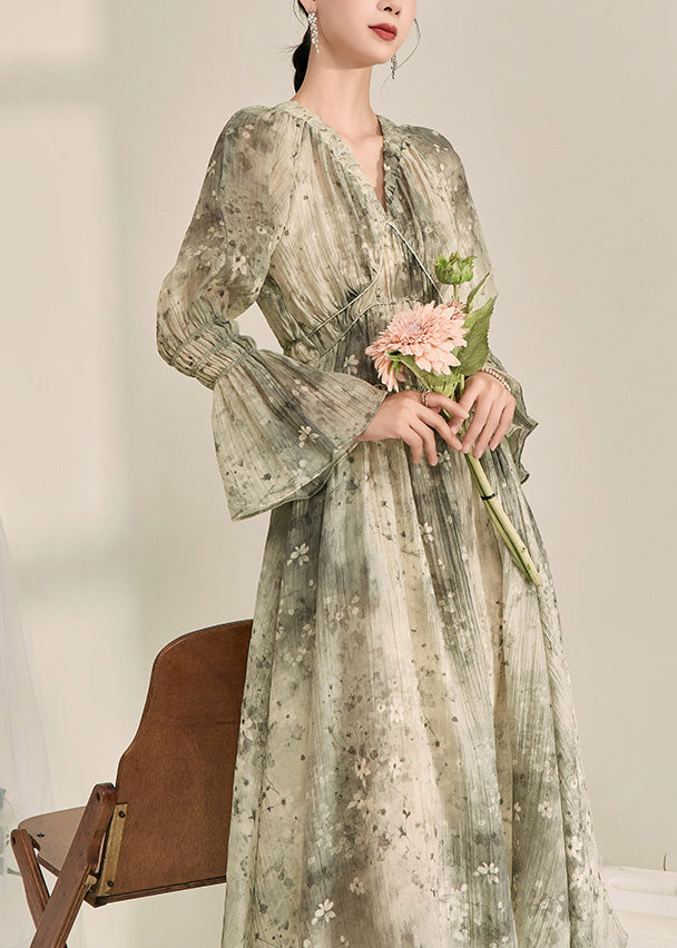 Women's Green Ruffled Chiffon Maxi Dress with Lantern Sleeves for Boho Elegance