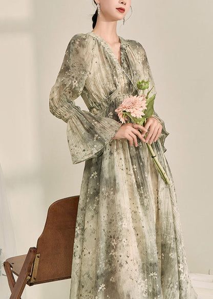 Women's Green Ruffled Chiffon Maxi Dress with Lantern Sleeves for Boho Elegance