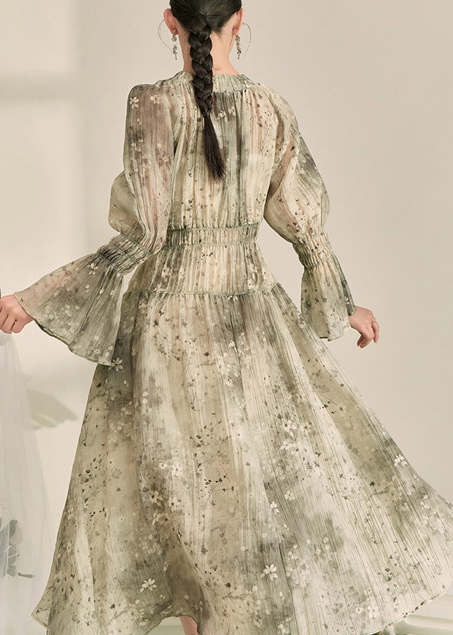Women's Green Ruffled Chiffon Maxi Dress with Lantern Sleeves for Boho Elegance
