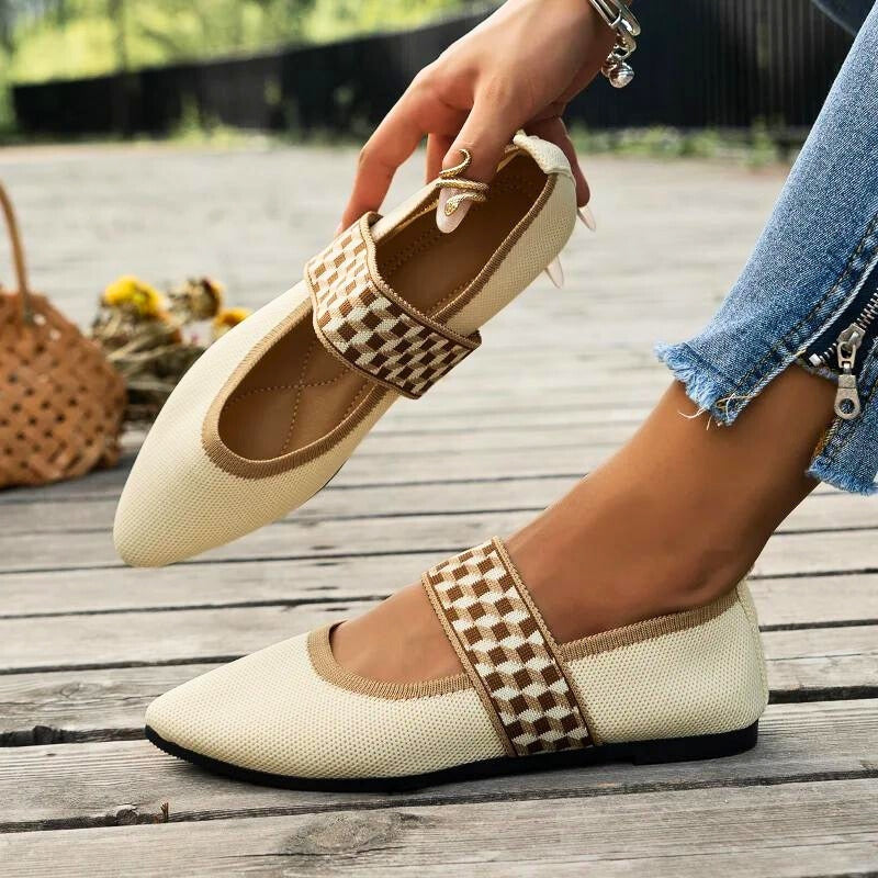 Women's Mary Jane Flats with Checkered Elastic Strap
